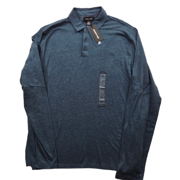 Kenneth Cole Polo Shirt Mens Large Blue Heather Cotton Long Sleeve Wicking NEW